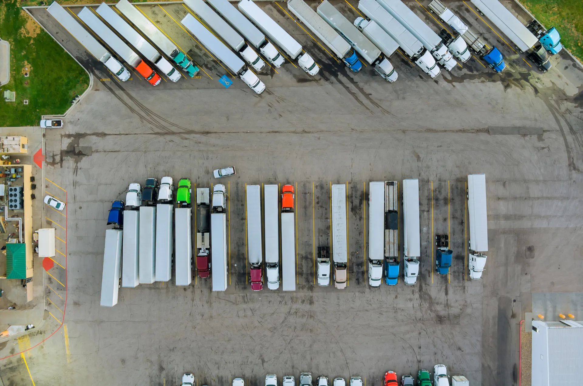 Aerial view of trailers parked in a truck yard