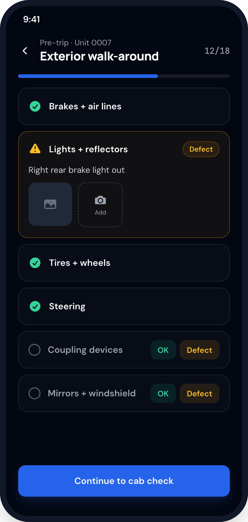 Driver app walk-around checklist with a flagged defect and photo