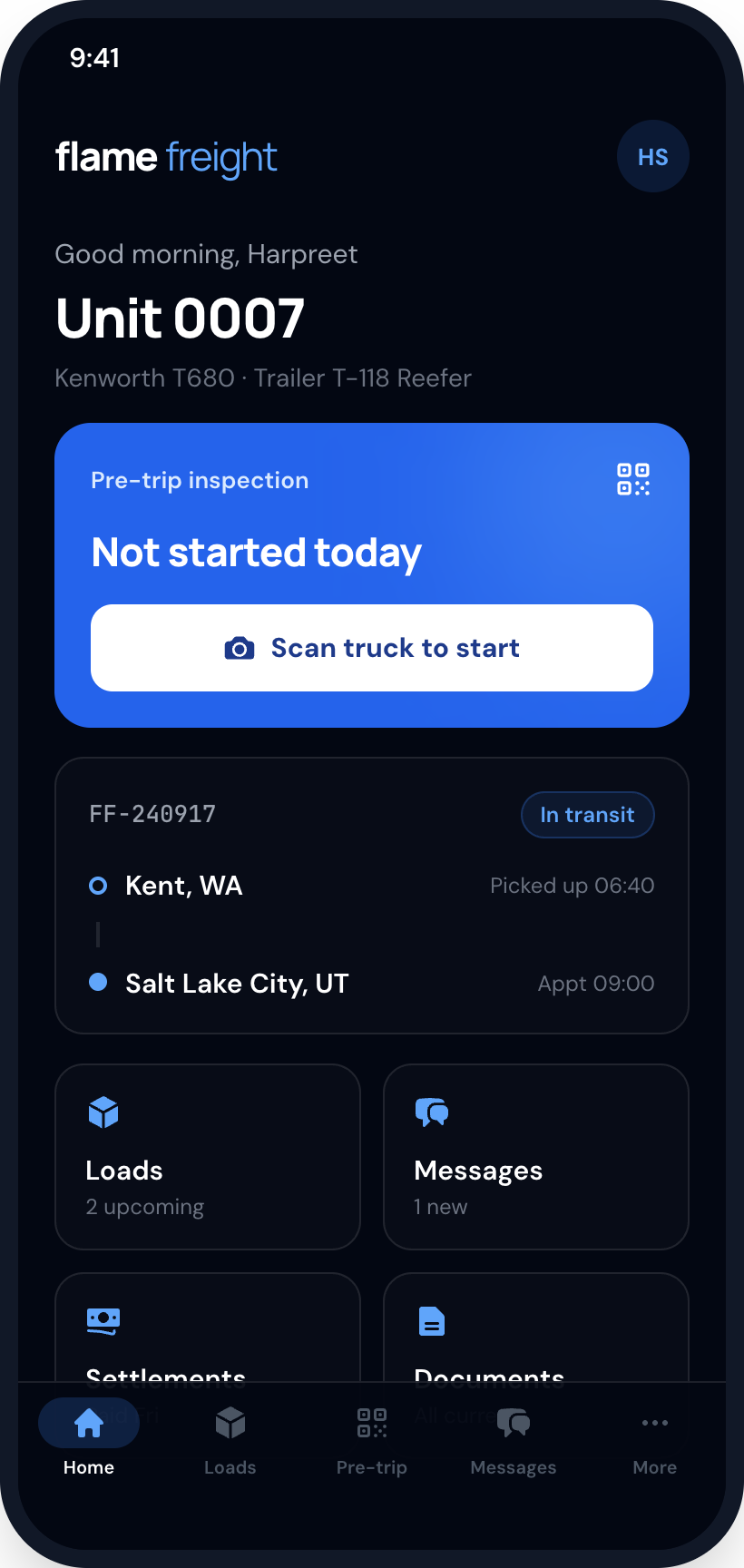 Driver app home screen with a scan-to-start pre-trip card
